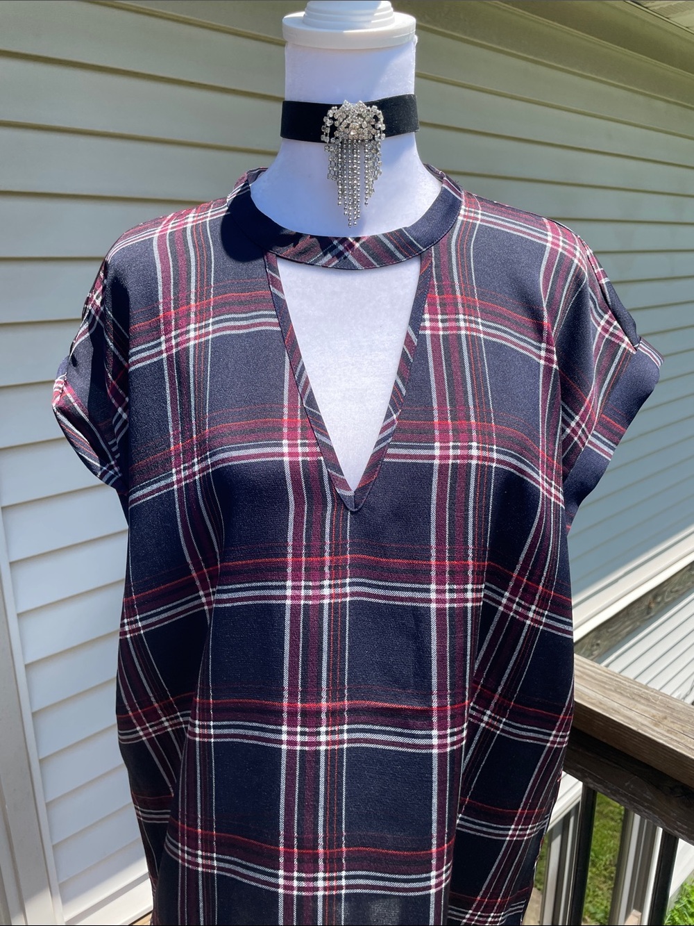 Express Black and Burgundy Plaid Tunic Top
